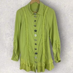 Neon Buddha Lime Green Button Front Jacket Size Small Ruffle Trim Stretch Boho S